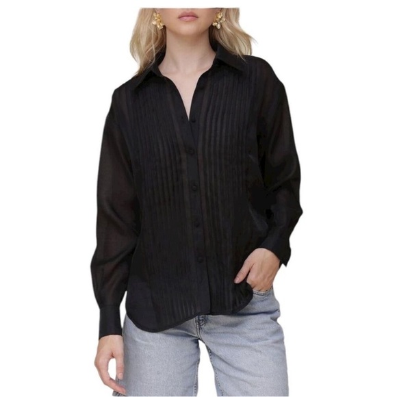 Avec Les Filles Tops - NWOT AVEC LES FILLES sheer pintuck black longsleeve button down top blouse shiny